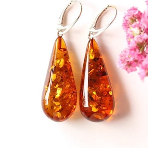 Luxury shiny cognac color teardrop amber earrings unique drop amber jewelry natural Baltic amber large earrings for women gem earrings