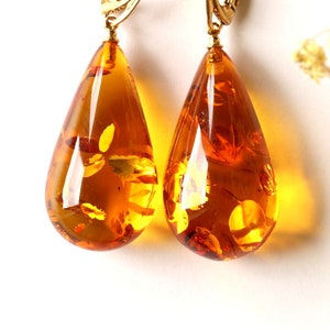 Very large dangle amber earrings, drop shape long orange amber earrings, unique massive earrings gift for mother, cognac shiny amber earring image 2