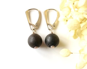 Black round amber earrings, dark gemstone earrings, natural Baltic amber jewelry, amber with silver, minimalist amber earrings for her