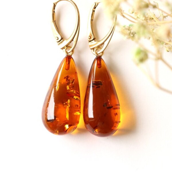 Boucles d'oreilles en ambre couleur dorée, boucles d'oreilles pendantes, ambre en forme de larme, ambre cognac, boucles d'oreilles en pierres précieuses, ambre balte naturel, bijoux en ambre