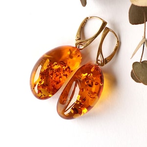 Unique shape orange color Baltic amber earrings, luxurious cognac dangle earrings, amber jewelry, sparkling amber golden earrings, gift her