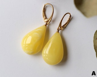 Drop yellow amber earrings with sterling silver gold plated, elegant drops white earrings for women, natural Baltic amber, resin gem earring