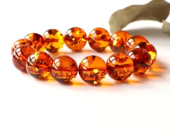 17 mm Baltic amber bracelet, luxury fashion large amber bracelet jewelry, orange/cognac color round beads amber jewellery