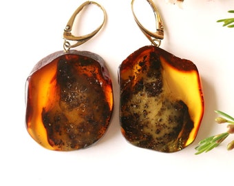 Dark ground color Baltic amber earrings, unique harmony amber jewelry, dangle massive amber earrings, natural amber jewellery, resin stone