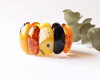 Very Large Natural Baltic Amber, Multicolor Amber Bracelet, Statement Fashion Bracelet for Women, Honey, Cream Amber Tones, Handmade Jewelry