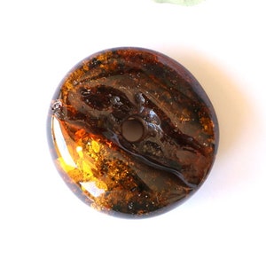 Cognac color amber donut pendant, black round shape doughnut amber, gemstone handmade pendant, resin organic amber jewelry, gift for father