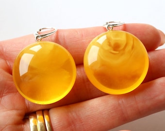 Very large yellow Baltic amber earrings, massive round shape lemon orange amber earrings, dangle unique big amber earrings gift for wife