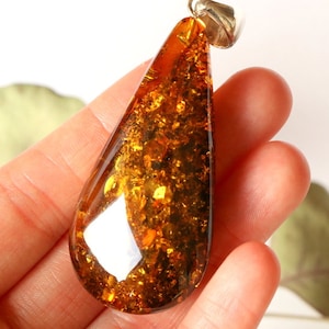 Gold amber pendant, natural baltic amber jewelry, drop green lemon amber pendant, massive long gemstone pendant, resin amber jewellery 17.4g