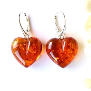Heart shape cognac color natural baltic amber earrings, love earrings, heart shape earrings, gold amber jewelry, amber silver earrings