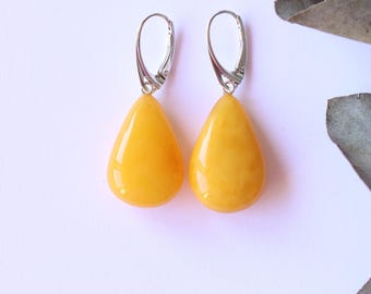 Butterscotch teardrop amber earrings, antique color orange amber jewelry, natural Baltic amber, luxury earrings for women, gem earrings gift