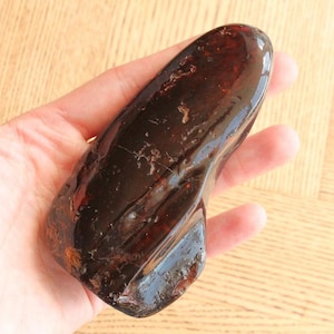 May include: A polished, dark amber-colored stone with a smooth, glossy surface. The stone has a unique, organic shape and displays internal patterns and inclusions. The color ranges from deep brown to reddish-brown, with areas of translucence.
