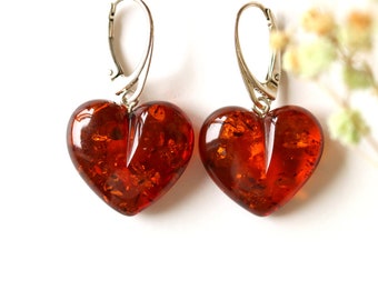 Heart shape orange amber earrings, love amber earrings, gemstone heart shape earrings, lovely gift for her, cognac heart baltic amber jewel