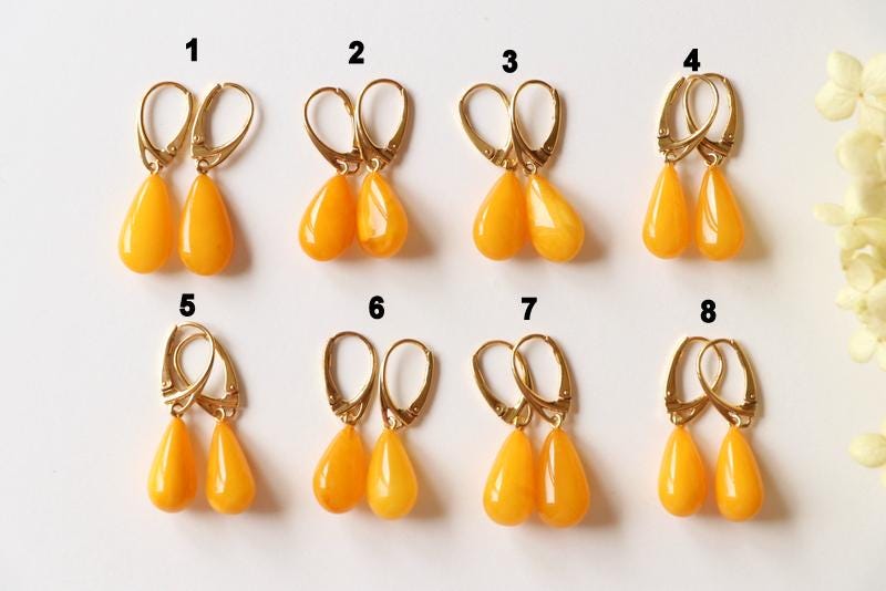 Yellow orange color Baltic amber earrings, small elegance drop amber earrings, caramel yellow gemstone earrings, little  amber jewelry