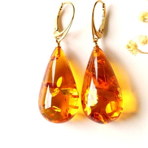 Very large dangle amber earrings, drop shape long orange amber earrings, unique massive earrings gift for mother, cognac shiny amber earring image 1