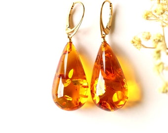 Très grandes boucles d'oreilles pendantes en ambre, longues boucles d'oreilles en ambre orange en forme de goutte, cadeau unique de boucles d'oreilles massives pour une mère, boucle d'oreille en ambre brillant cognac