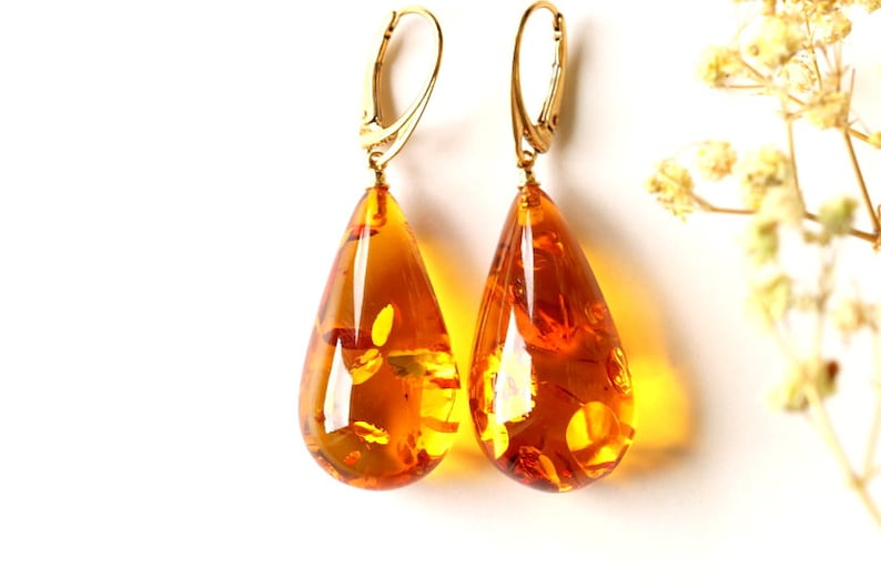 Very large dangle amber earrings, drop shape long orange amber earrings, unique massive earrings gift for mother, cognac shiny amber earring image 1