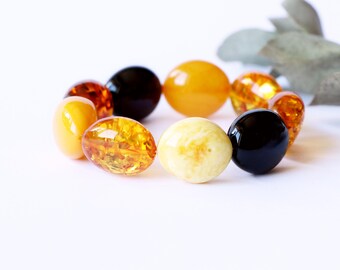 Oval shape mix color Baltic amber bracelet, olive massive natural amber bracelet for adult, multicolor large amber bracelet