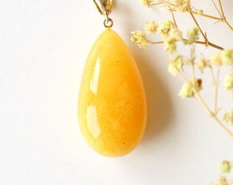 Unique orange yellow color amber pendant, genuine handmade Baltic amber jewelry, drop shape orange color amber stone pendant, gift for wife