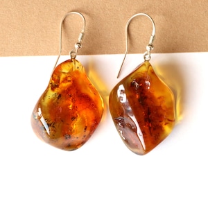 Lovely big amber earrings, amber jewelry sterling silver, natural Baltic amber dangle earrings, natural shape earrings, cognac amber earring