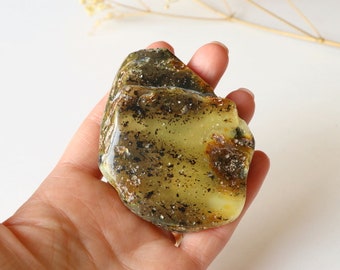 Green massive yellow amber stone, raw natural gem stone, polished amber home decor stone, mineral resin green stone, accessories amber stone