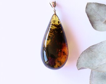 Amber Pendant, Green Amber Jewelry, Lemon Amber Pendant, Big Gem Pendant, Dark Amber Bead, Amber Silver Jewellery, Gift For Wife