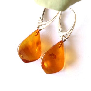 Flame amber earrings cognac color teardrop amber earrings natural Baltic amber jewelry gold amber dangle earrings golden gemstone earrings