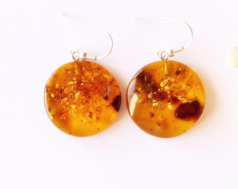 Round Amber Earrings, Sterling Silver, Natural Gemstone Jewelry