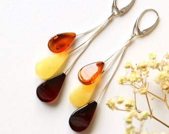 Summer style amber earrings, multicolor long dangle amber earrings, natural amber jewelry, colorful long gemstone earrings jewellery, gift