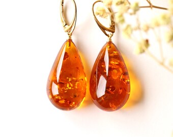 Très grandes boucles d'oreilles pendantes en ambre, longues boucles d'oreilles en ambre orange en forme de goutte, cadeau unique de boucles d'oreilles massives pour une mère, boucle d'oreille en ambre brillant cognac