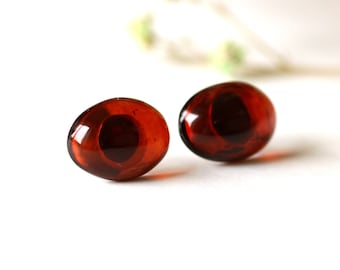 Small stud amber earrings, cherry oval amber earrings, earrings gift for love, small elegance earrings, dark red shiny gemstone earrings