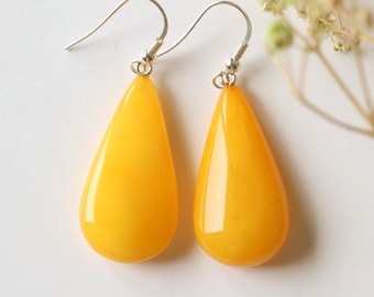 Large dangle amber earrings, orange dar yellow drop amber earrings, massive teardrop gem resin earrings jewelry, gift for mother in law