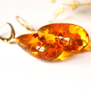 Very large dangle amber earrings, drop shape long orange amber earrings, unique massive earrings gift for mother, cognac shiny amber earring image 3