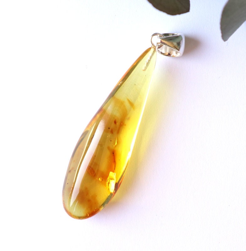 Pendentif Goutte En Ambre Naturel De La Baltique Avec Insecte Inclusion, Argent 925 Plaqué Or