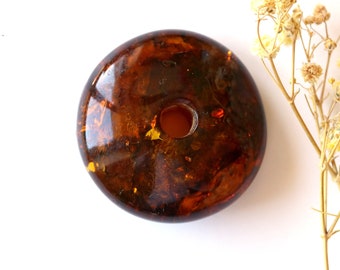 Dark cognac color amber donut amulet pendant, genuine orange color amber doughnut pendant, organic amber pendant with hole,large amber donut