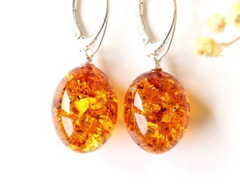 Shiny golden color amber earrings with glitters, elegance dangle orange amber earrings, oval shape gemstone amber handmade earrings for wife