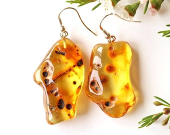 Super grandes boucles d'oreilles en ambre de la Baltique naturel, boucles d'oreilles en ambre couleur citron, boucles d'oreilles en ambre de forme carrée, boucles d'oreilles en pierre de résine faites main avec pierres précieuses