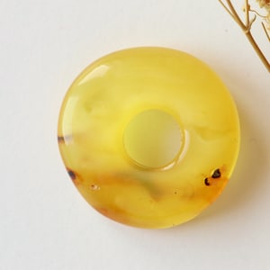 Yellow doughnut amber pendant, thin round amber donut bead, yellow antique color amber pendant, orange raw amber, amber pendant with hole