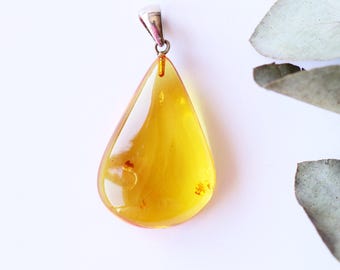 Clear drop light cognac Baltic amber pendant, lemon amber pendant, handmade drop shape gem pendant with 925 sterling silver, luxury amber