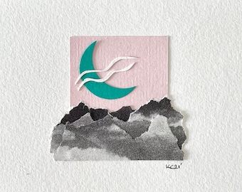 Modern paper art, unique handmade collage with mountains and moon