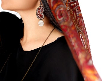 Crimson Cashmere Earrings with paisley pattern, Pahlavi coins and glass stone embroidery
