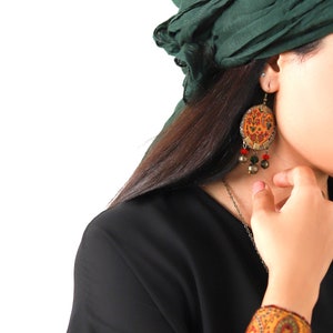 Round yellow Termeh Earrings with glass stones, persian earring with Paisley Pattern