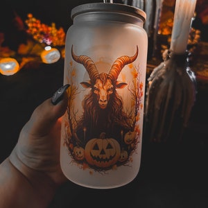 Halloween Baphomet Ice Coffee Frosted Glass Libbey Can, Witchy Satanic Goth Coffee Glass With Bamboo Lid & Glass Straw