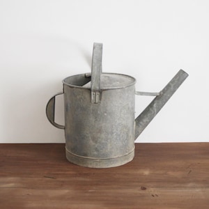May include: A weathered, galvanized metal watering can. The can is a dull grey colour with a cylindrical body, a curved side handle, and a long spout. It has a top handle for carrying and is likely used for gardening.