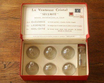 Französisches Vintage-Schröpfset aus Kristallglas in Originalverpackung, hergestellt in Paris