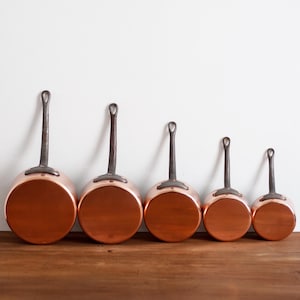 Vintage French Copper Pots Pans with Cast Iron Handles Set of 5 Professional Quality
