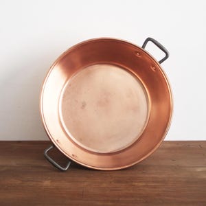 Vintage French Copper Confiture Jam Pan Pot with Cast Iron Handles Rustic Farmhouse Decor