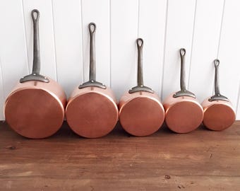 Vintage French Copper Saucepan Set with Cast Iron Handles (Set of 5)