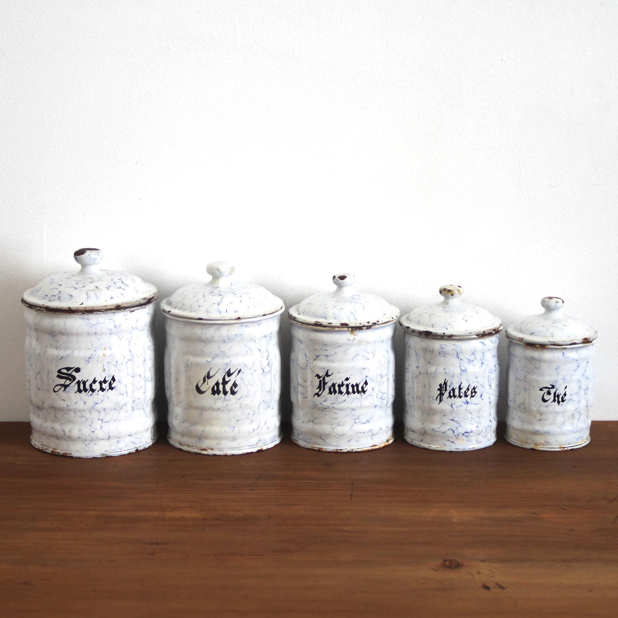 Vintage French White Enamel Canisters Set of 5