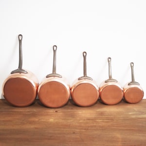 Vintage French Copper Pots Pans Saucepans with Cast Iron Handles Set of 5 Stamped Les Métaux Ouvrés Made In France
