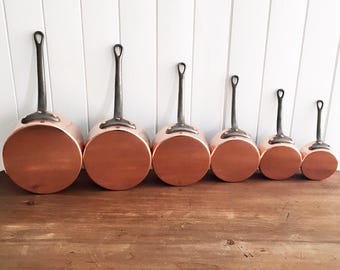 Vintage French Copper Cookware Set: 6 Professional Quality Pots with Cast Iron Handles